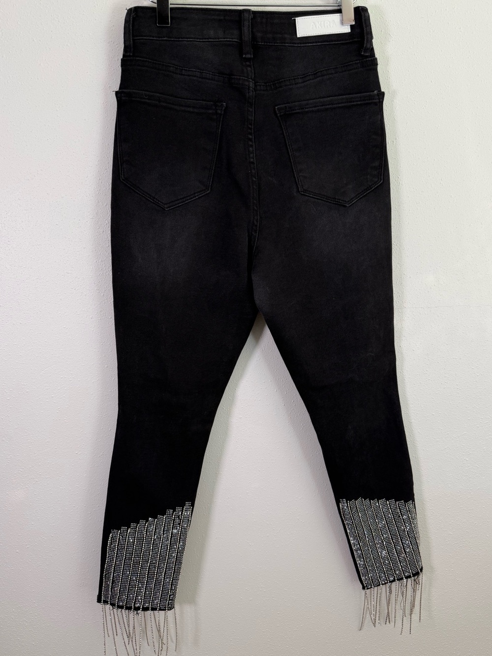 AKIRA Black Rhinestone Fringe Skinny Jeans High Rise Distressed W28 - Picture 4 of 15